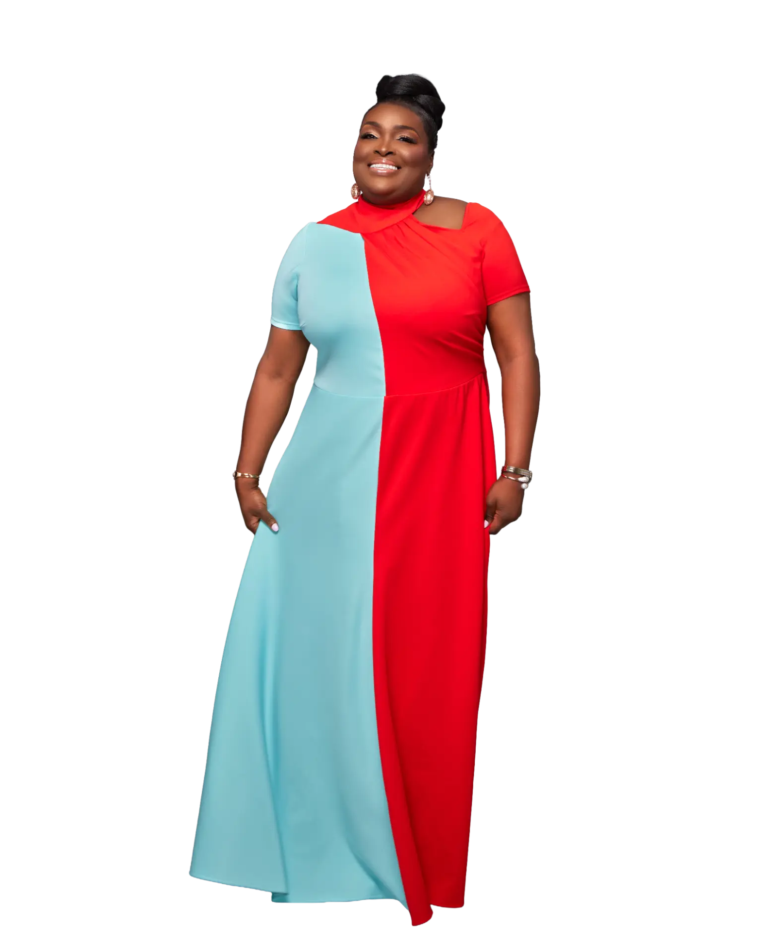 Portrait of Toun Fadugba in a red and light-blue dress